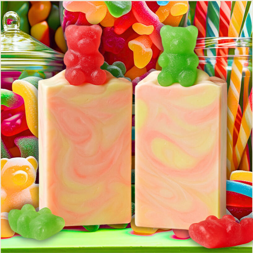 Gummy Drop Translucent candy-colored bar with a playful gummy bear swirl