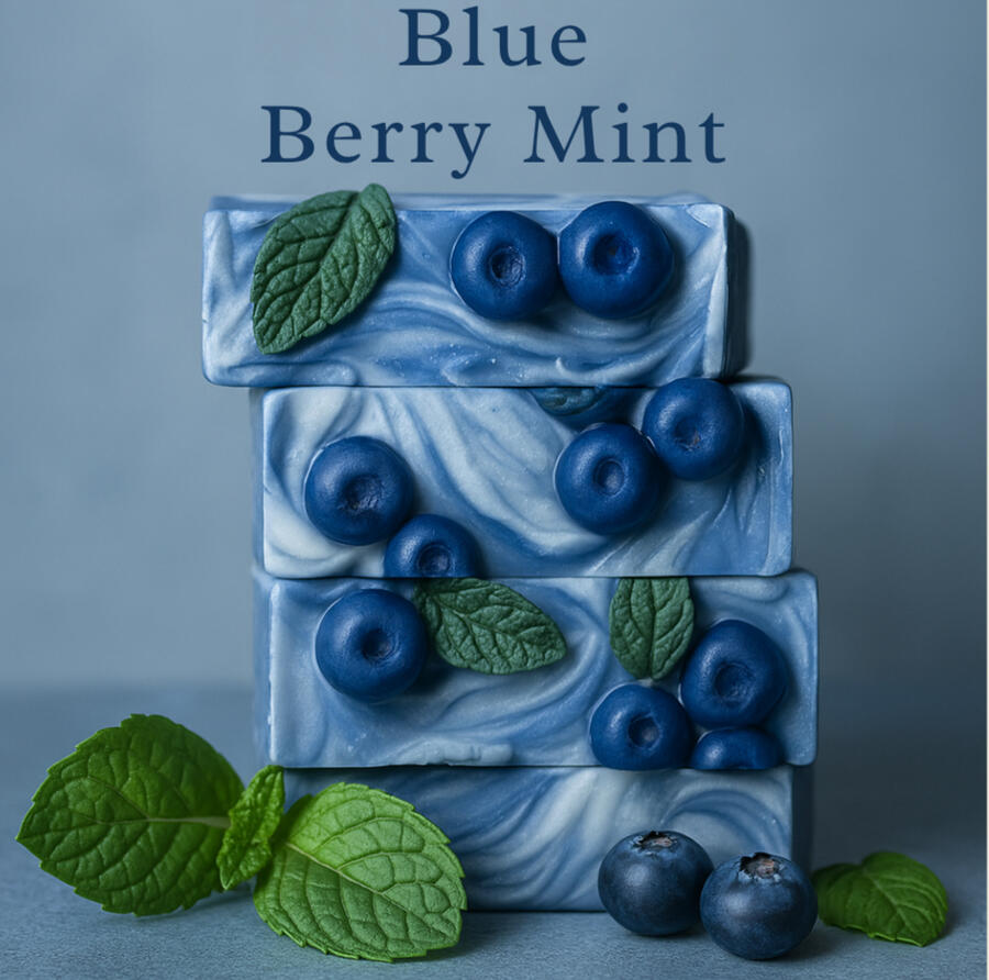 Blue Berry Mint Soap Cool-toned bar with peppermint and eucalyptus aroma swirls