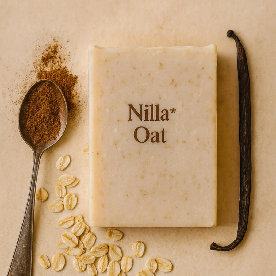 Nilla Oat Soap Creamy oatmeal soap bar with warm vanilla notes and a rustic swirl.