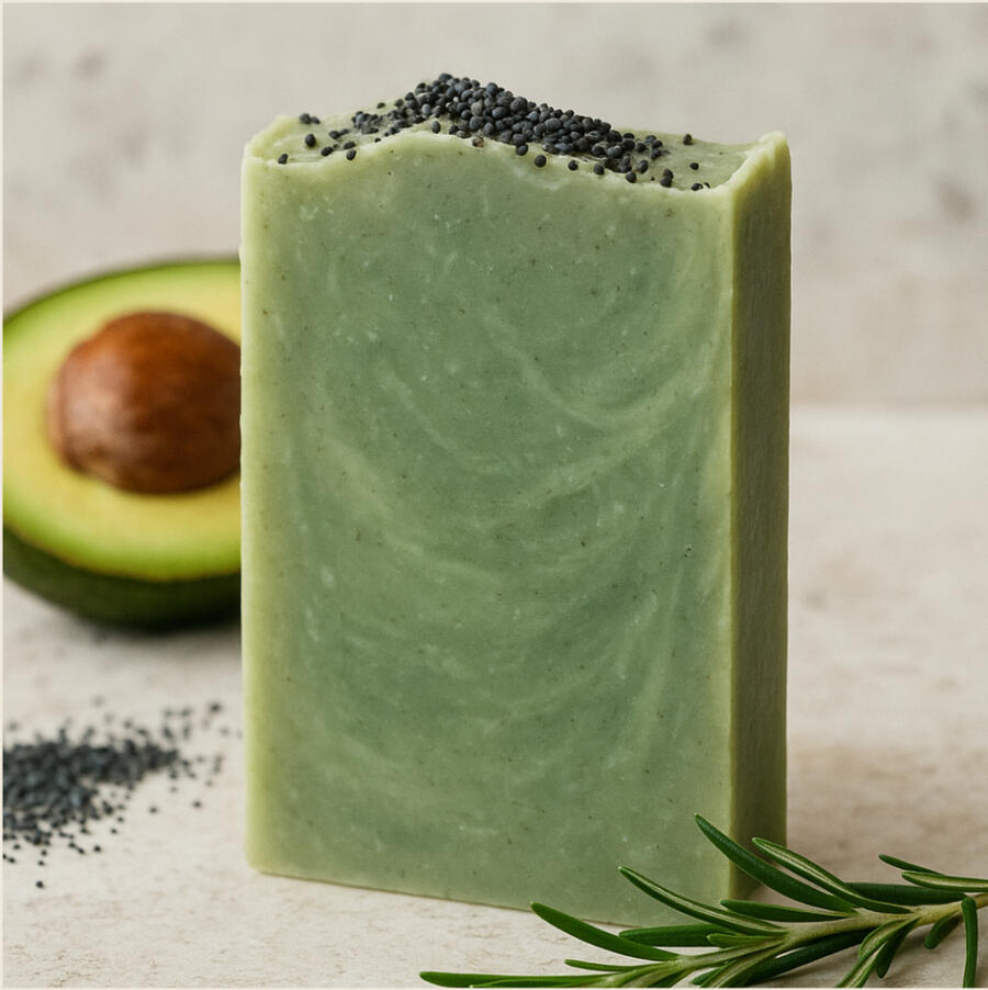Avocado Scrub Soap Avocado Scrub .Soap Pale green exfoliating bar with visible grit and natural oils and spirulina