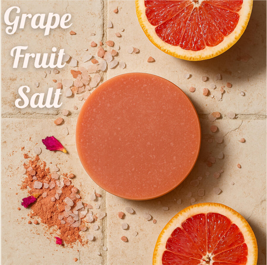 Pink Salt Grape Fruit A handcrafted artisan soap bar swirled with soft pink and cream tones, topped with coarse pink Himalayan salt. This bar evokes the refreshing zing of grapefruit with a lightly exfoliating finish.