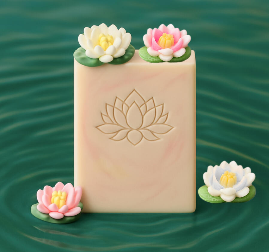 Water Lily Soft marble soap topped with pink and white lotus flower embeds. A rectangular soap bar with delicate blush marbling and a carved lotus emblem on the front. Decorated with small, intricate water lily toppers in pink and white, evoking a serene and floral b
