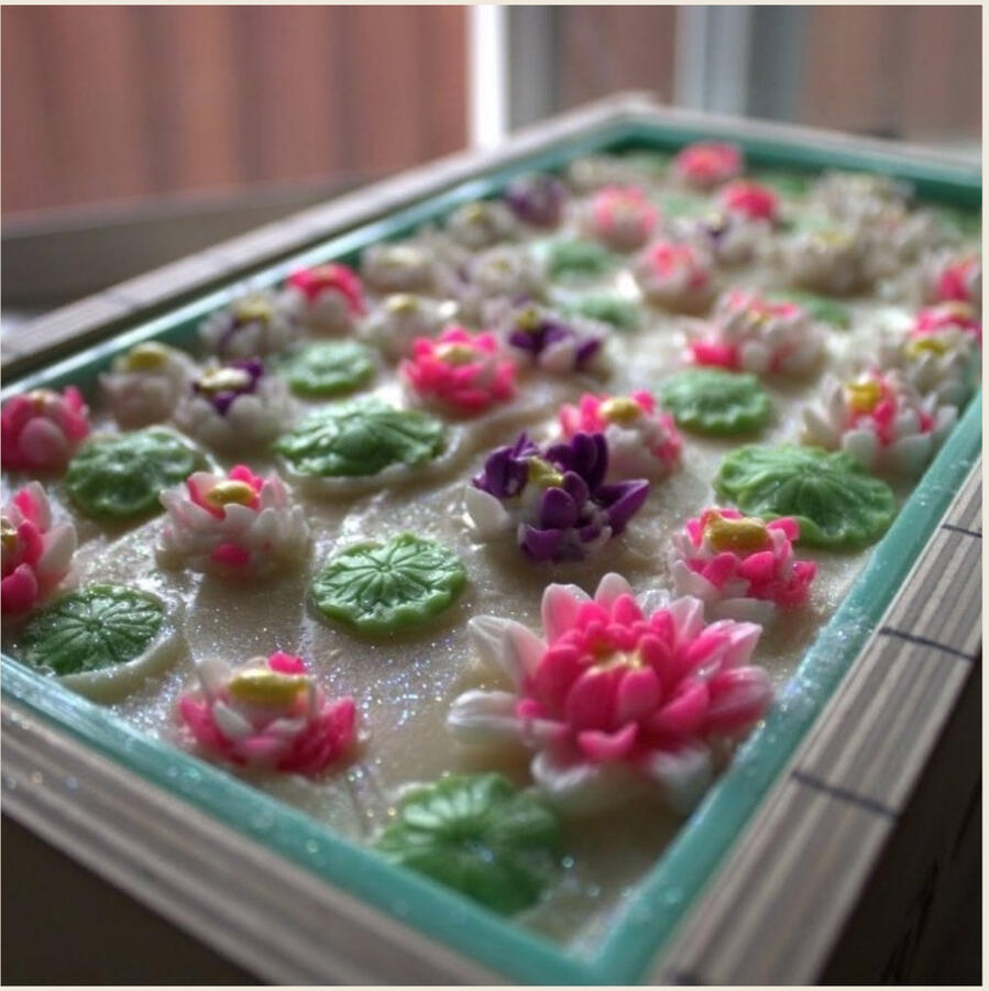 Water Lily Soft marble soap topped with pink and white lotus flower embeds. A rectangular soap bar with delicate blush marbling and a carved lotus emblem on the front. Decorated with small, intricate water lily toppers in pink and white, evoking a serene and floral b